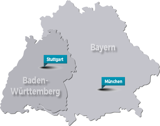 Karte von Bayern und Baden-Württemberg mit Markierungen für München und Stuttgart – Liefergebiet der Trockeneis Bavaria GmbH.